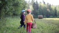 Two small children walk through a field.
